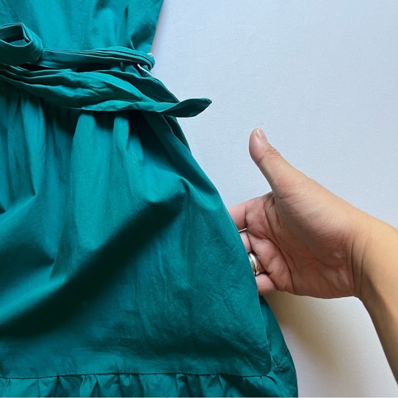 OMNES teal green cotton puff short sleeve belted tiered mini dress - Picture 5 of 8